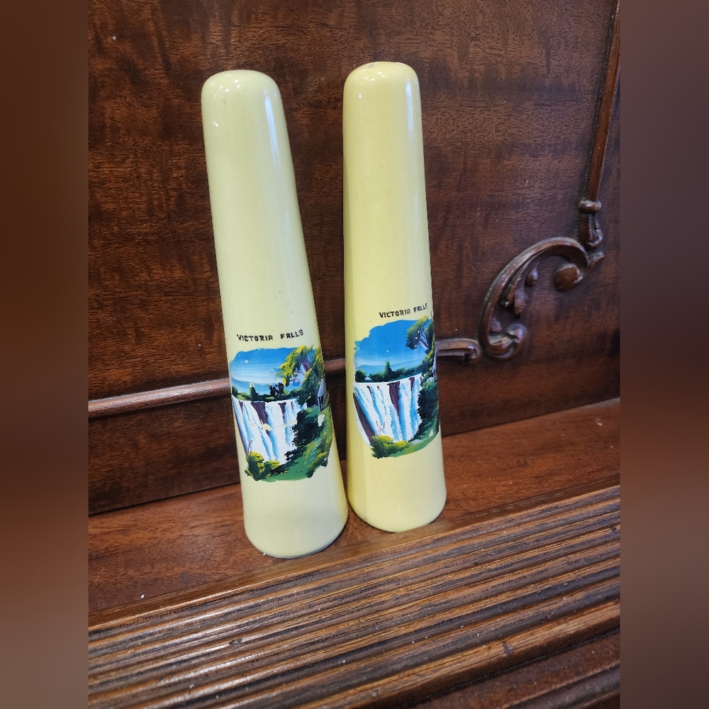 Vintage Ceramic Salt And Pepper Shakers - Handpainted Victoria Falls Scene